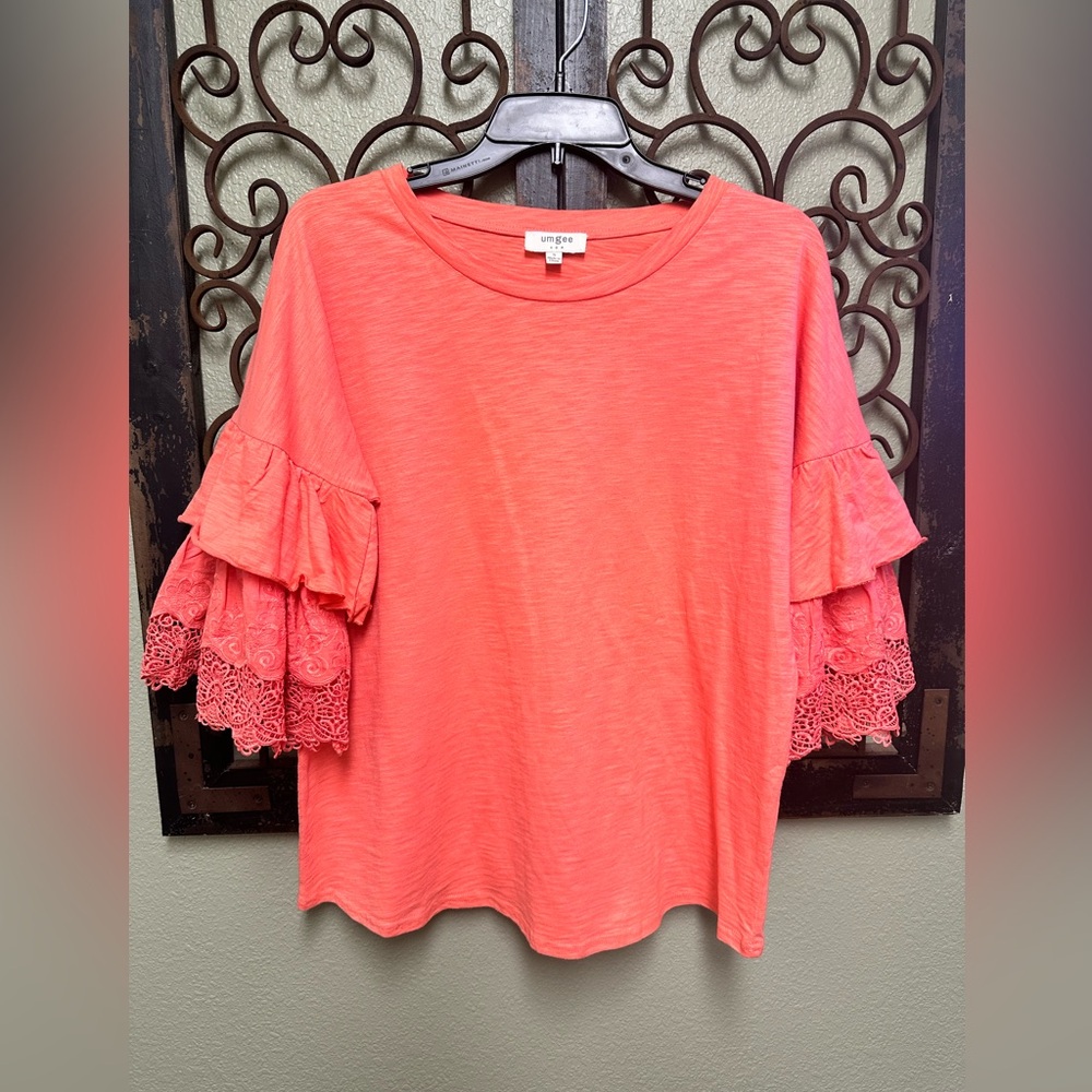 Umgee coral 3/4 double ruffle embroidered sleeve top